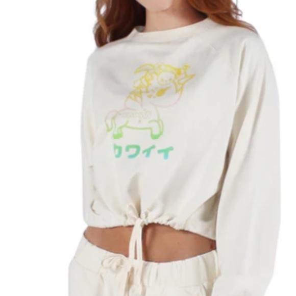 Tokidoki Women Sweatshirt Tokimeki Unicorno Cropped Drawstring Ivory Sz 3XL - Picture 2 of 11